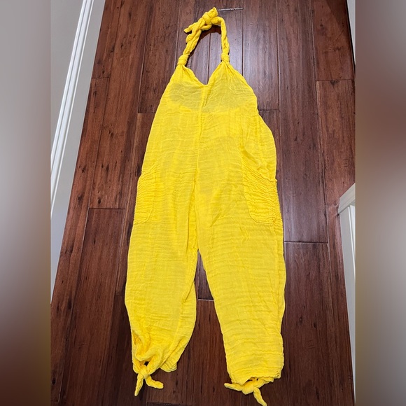 Free People Free-est Knot It Up Low Back Jumpsuit Halter Bohemian Gauze Yellow - Picture 11 of 12